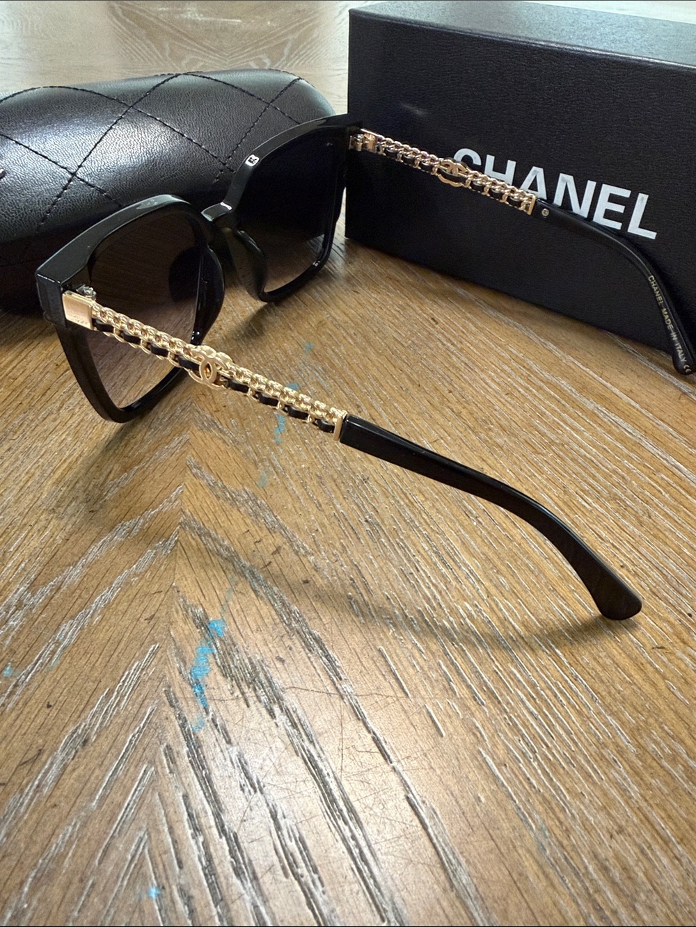 CHANEL Black & Gold Leather Square Gradient Sunglasses with Gold Logos - Picture 7 of 10